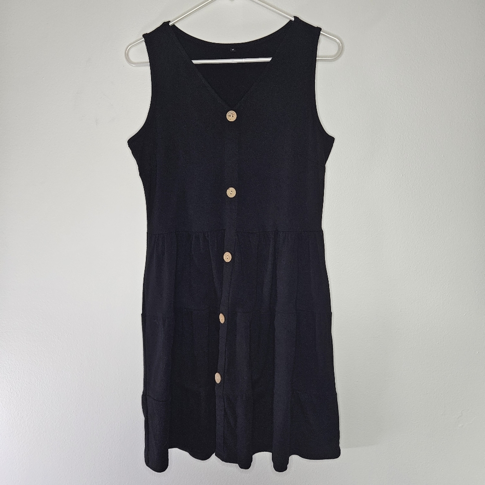 Black V-Neck Buttoned Sleeveless Dress with Pockets Sz M